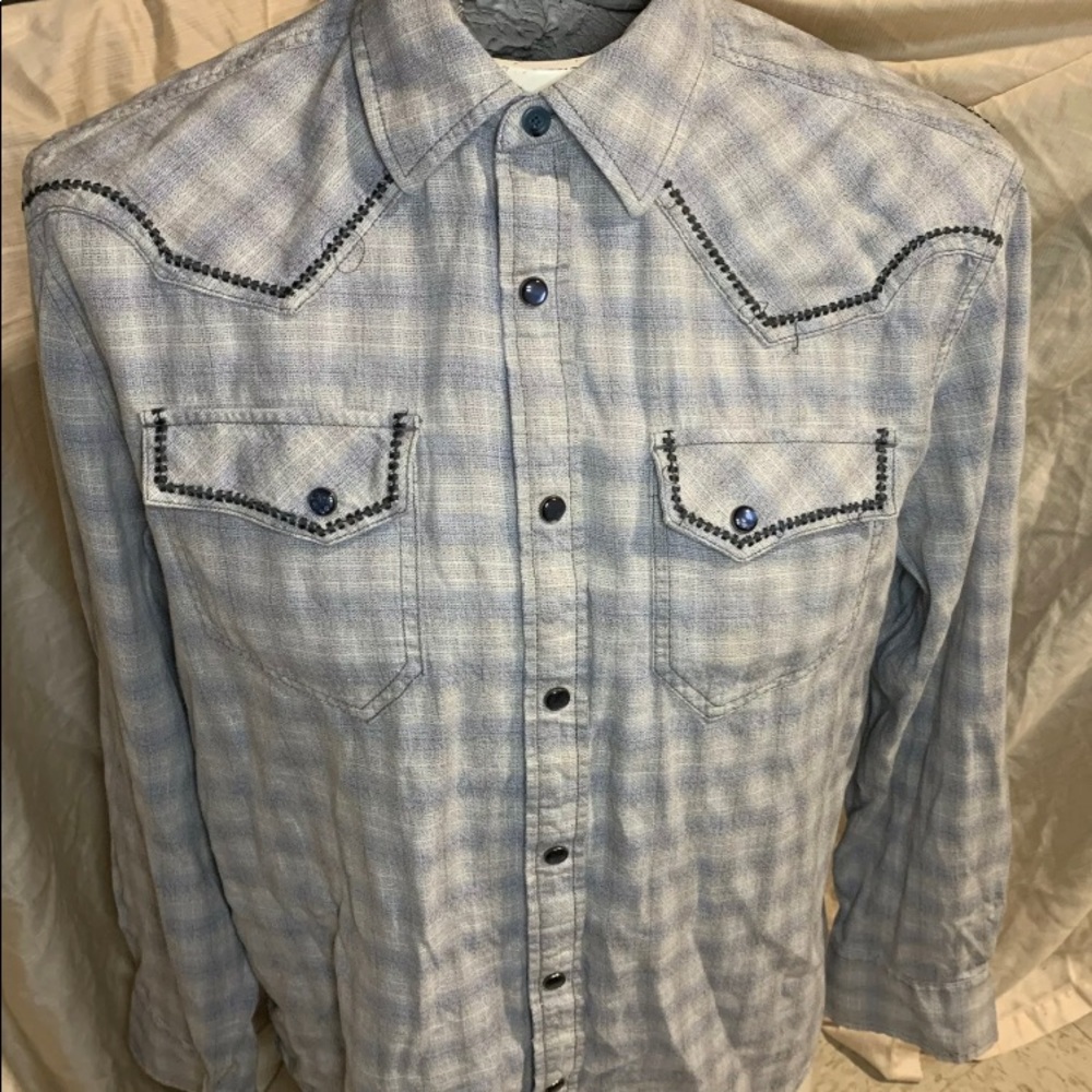 MOONSHINE SPIRIT Plaid Western Pearl Snap Shirt Blue Men’s Small